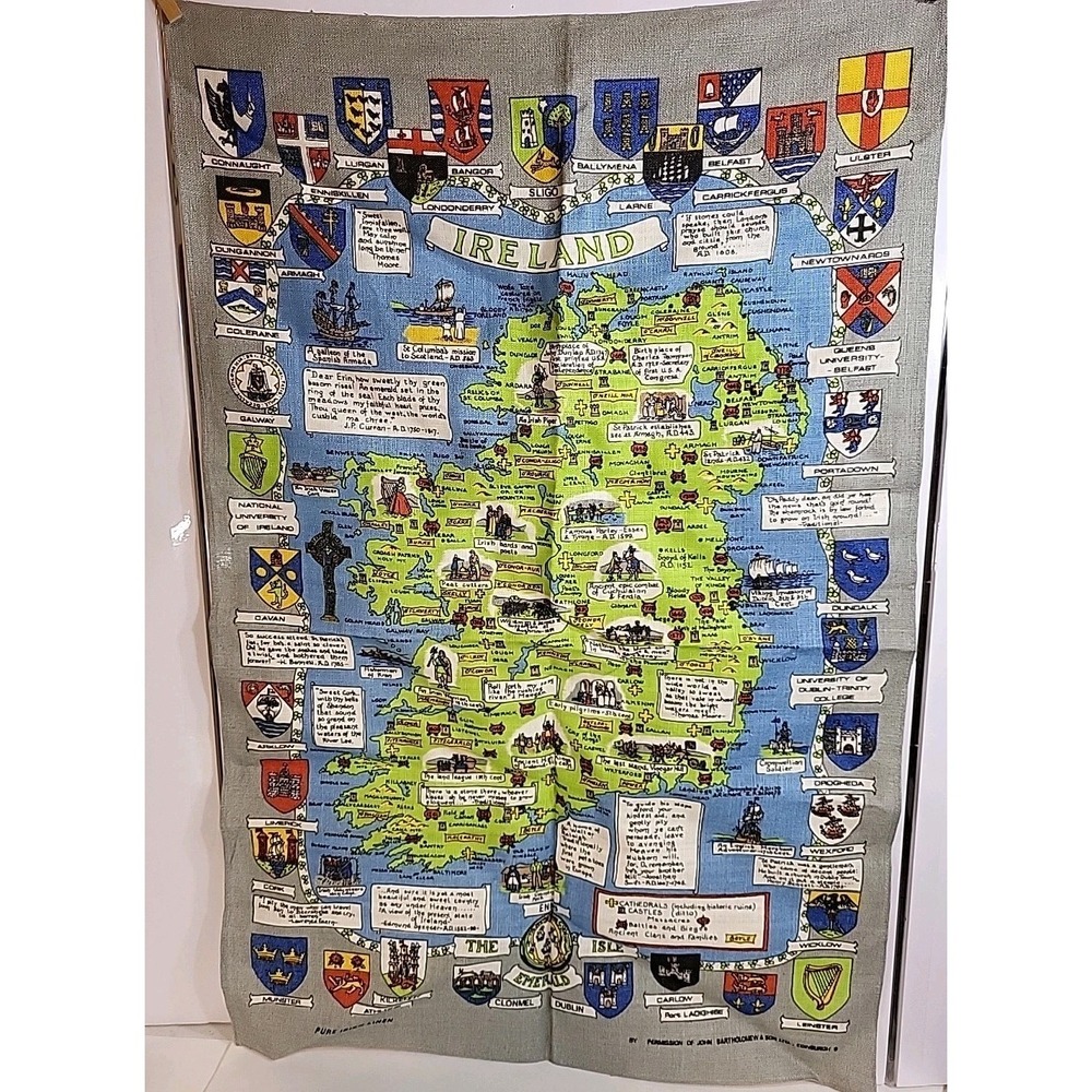 Vintage Irish Linen Kitchen Tea Towel Map Coats Of Arms Proverbs Poems History